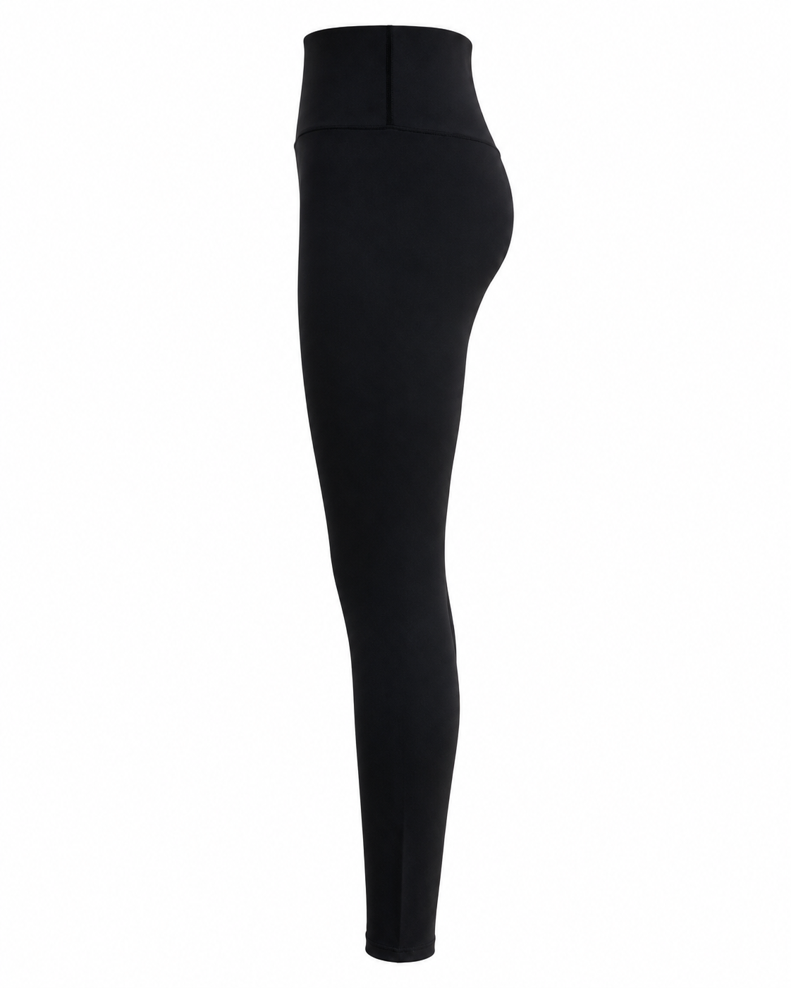 Side view of doa black high-waisted leggings showing the high-rise waistband.
