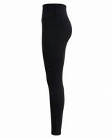 Side view of doa black high-waisted leggings showing the high-rise waistband.