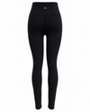 Back view of doa black high-waisted leggings with doa logo on the waistband.